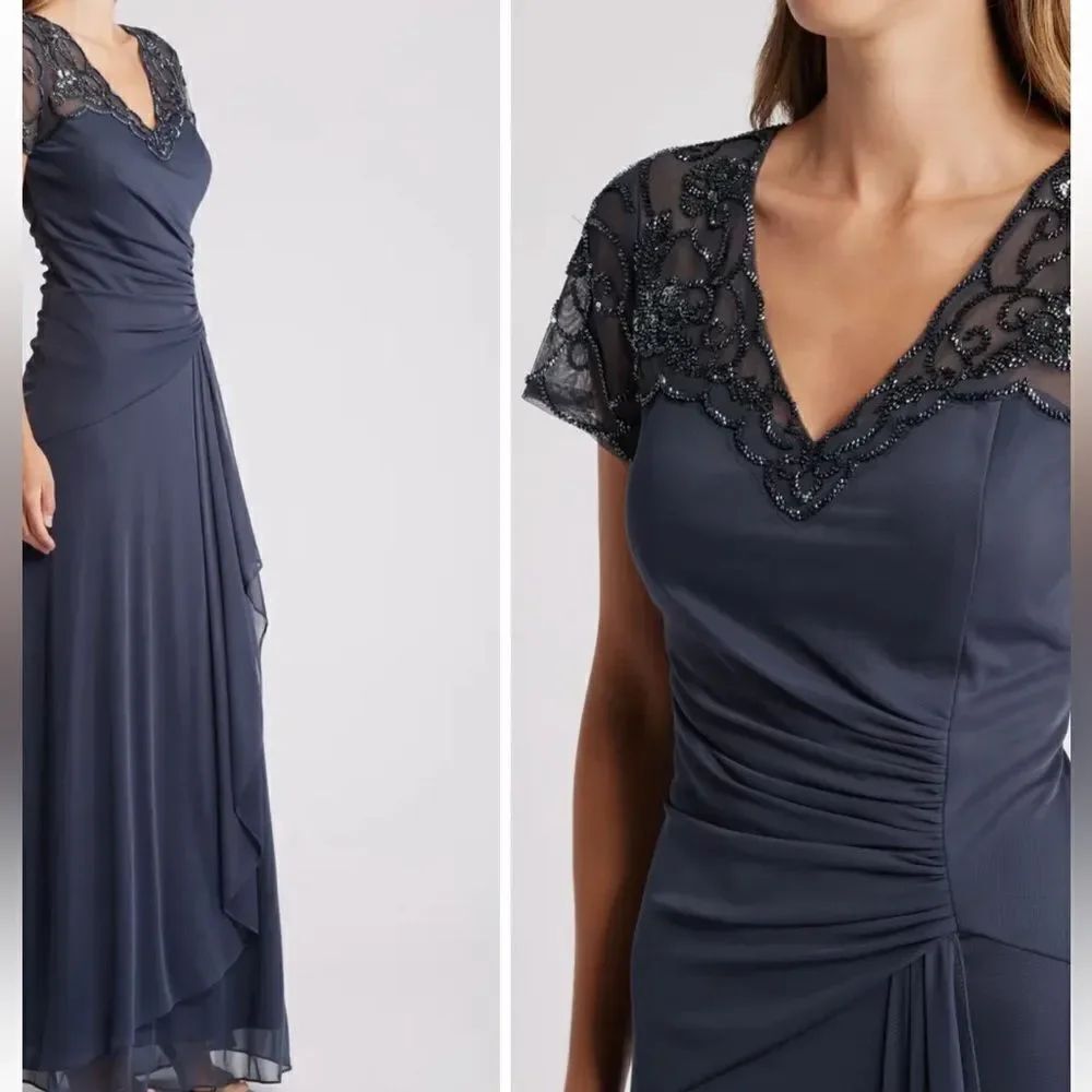 XSCAPE 5497X "CARMEN" LONG SHEER MATTE JERSEY BEADED SHORT SLEEVE $289